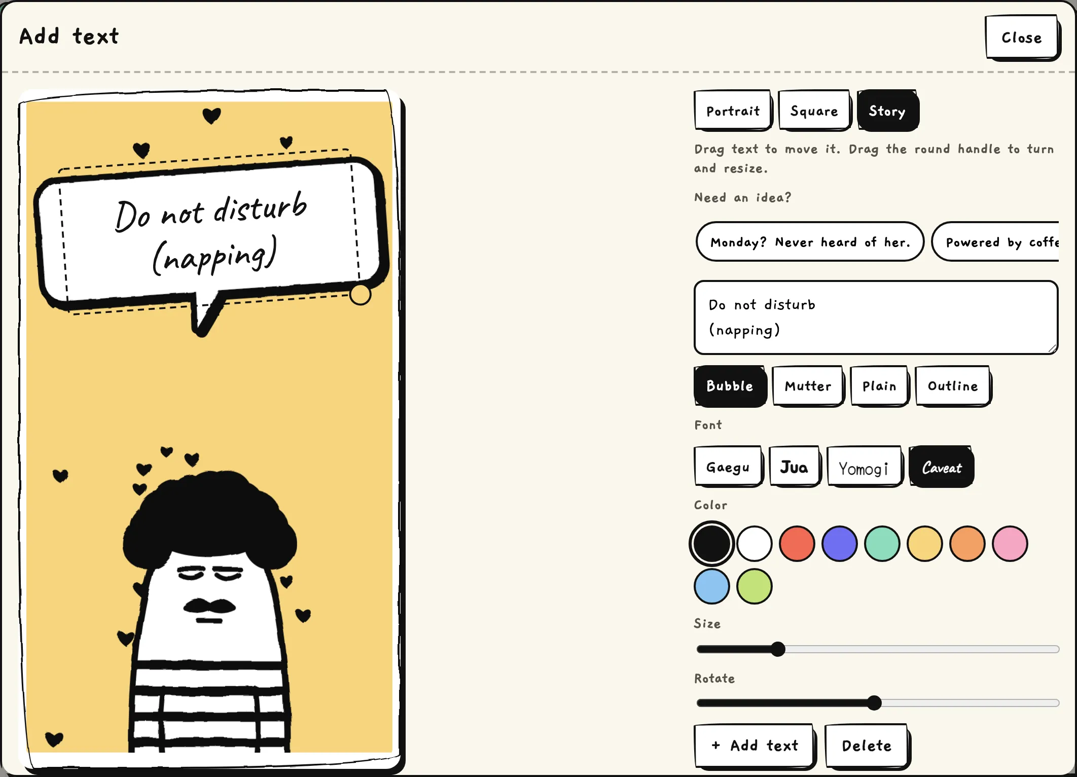 The Add text editor: the same character in a story frame with a "Powered by coffee" speech bubble, and controls for frame, style, font, color, size and rotation