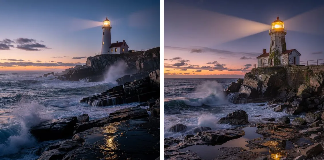 The same lighthouse prompt on FLUX.2 pro. Left, with prompt rewriting off: a plain dusk seascape. Right, with it on: light beams, an ivy-covered tower and a reflective tide pool.