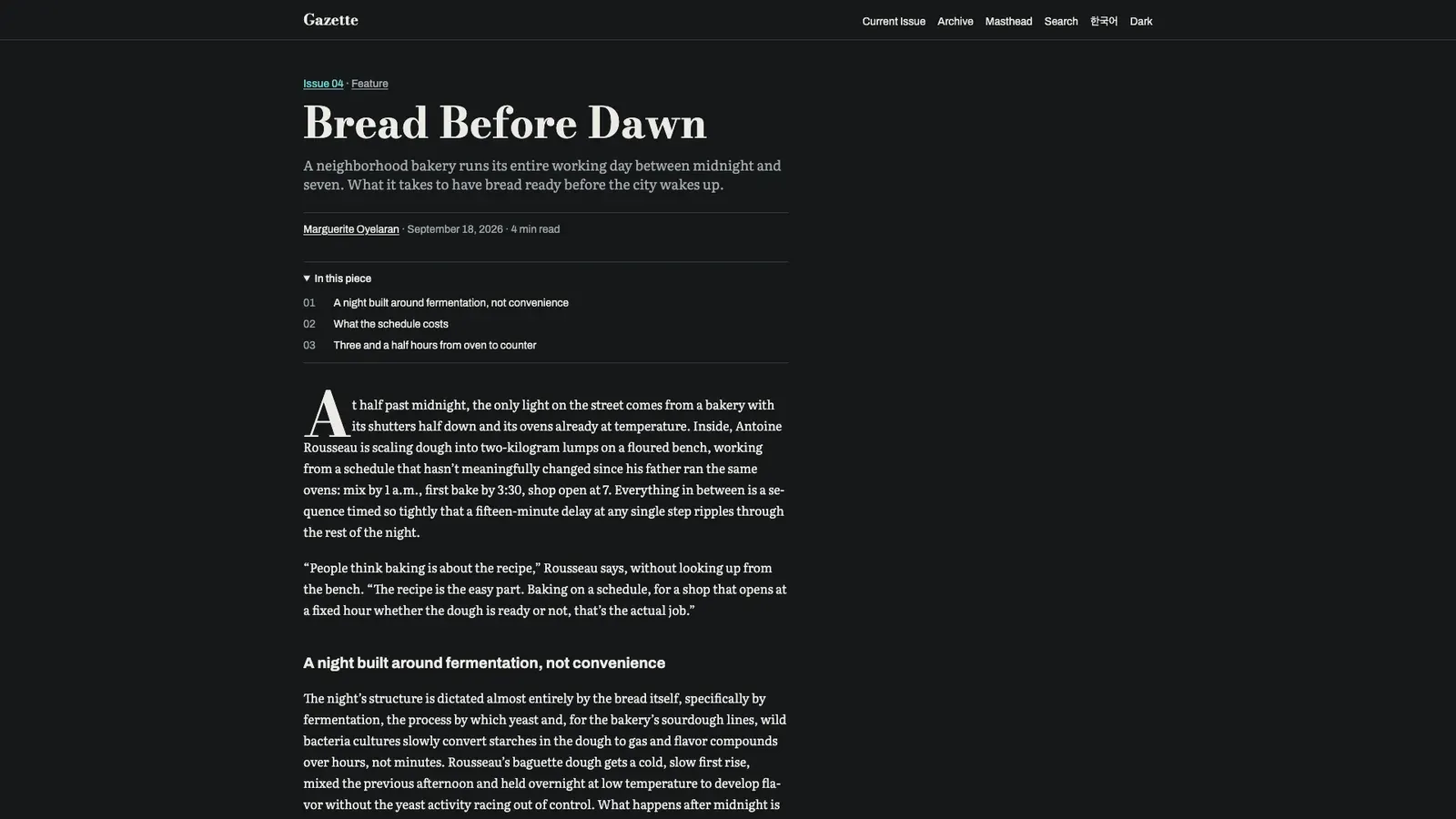 A Gazette piece, Bread Before Dawn: the headline, a contents box and a drop cap opening the text.