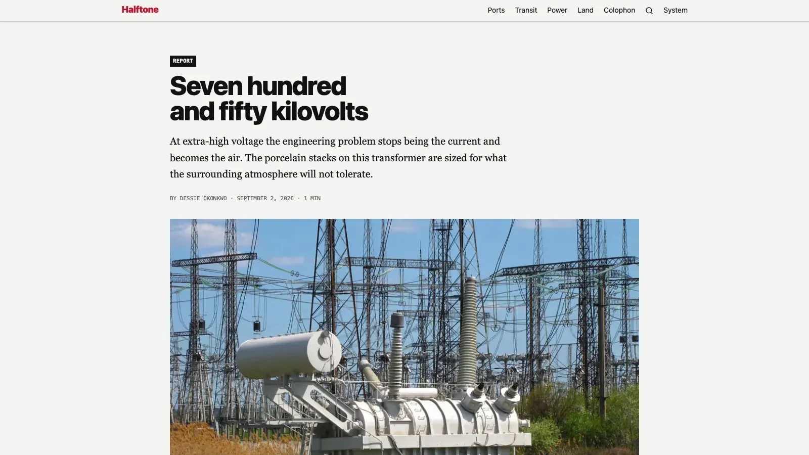 A Halftone report: a black headline and deck over a photograph of high-voltage equipment.