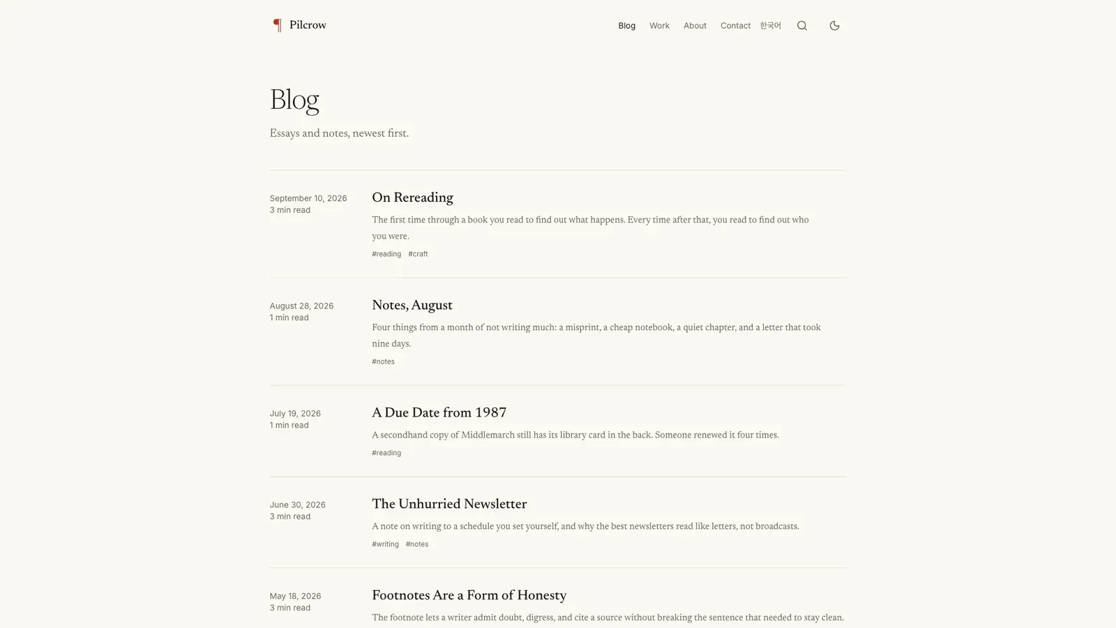 Pilcrow's blog index: dated essays and notes, each with a line of summary and tags.
