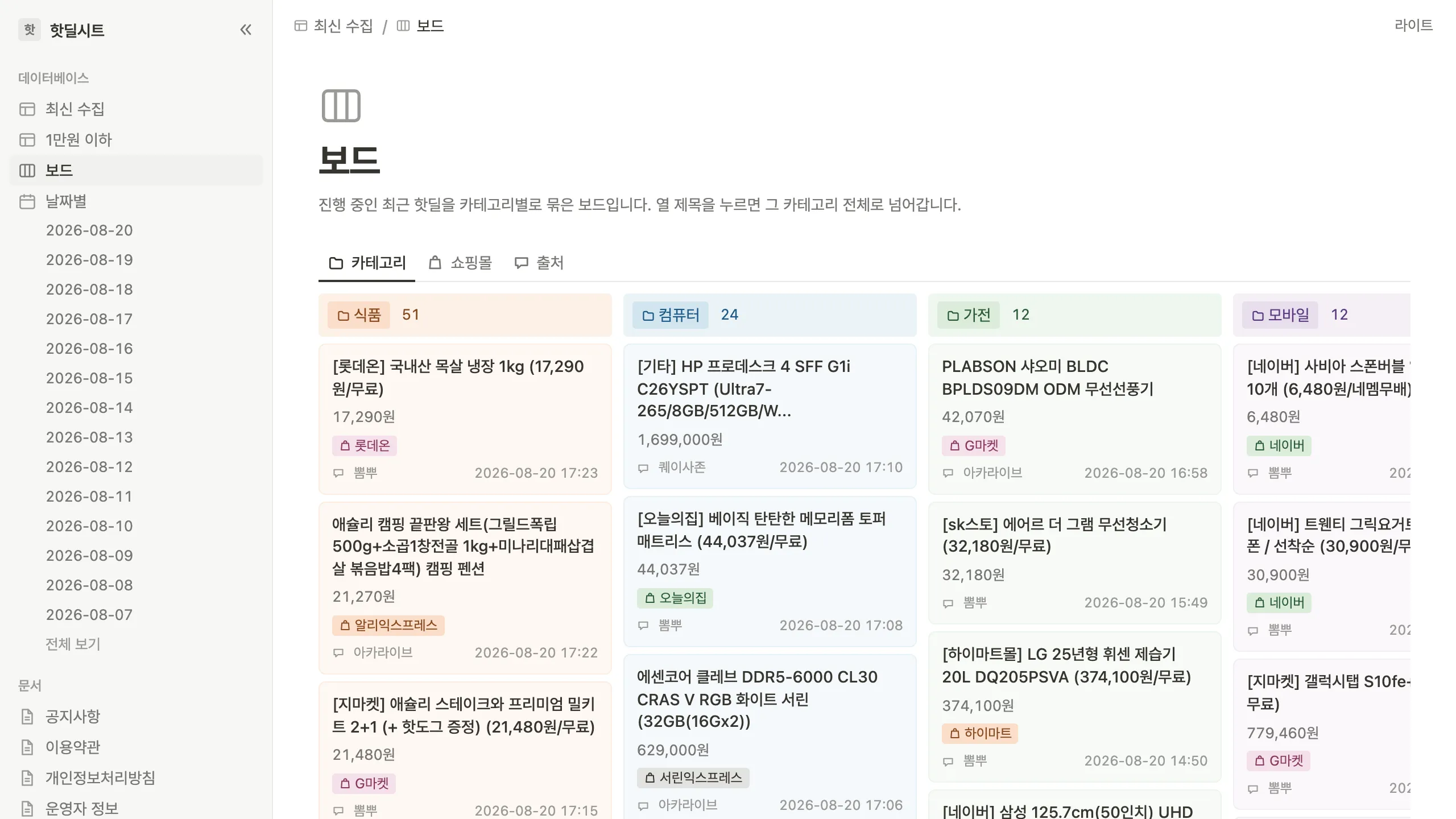 Board view: ongoing deals grouped into category columns