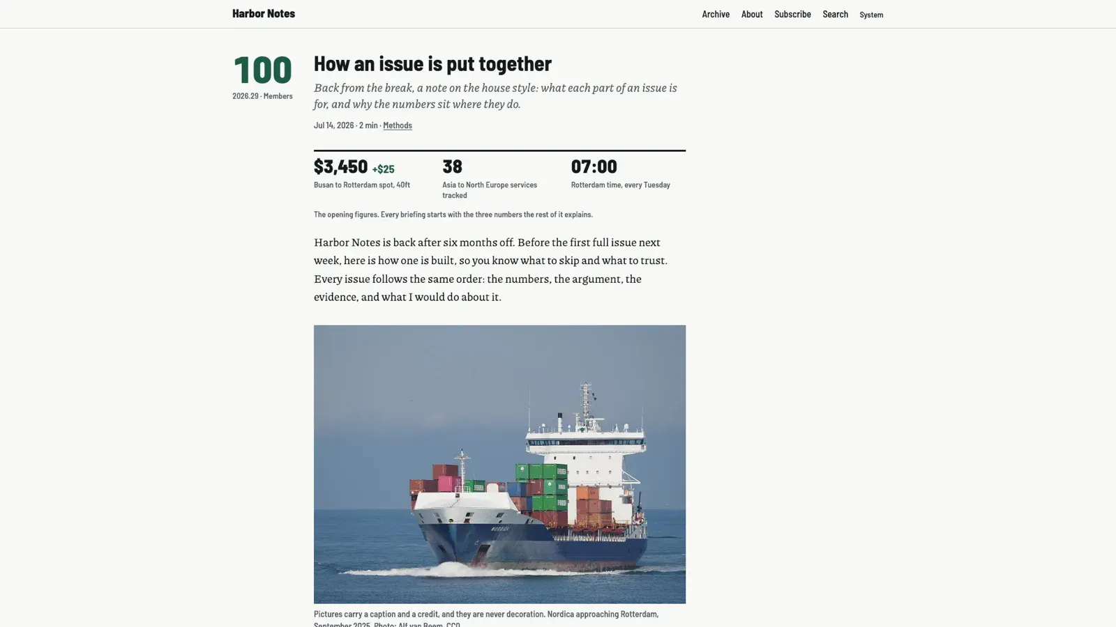 Issue 100, How an issue is put together: three key numbers under a rule, an opening paragraph and a captioned photograph of a container ship.