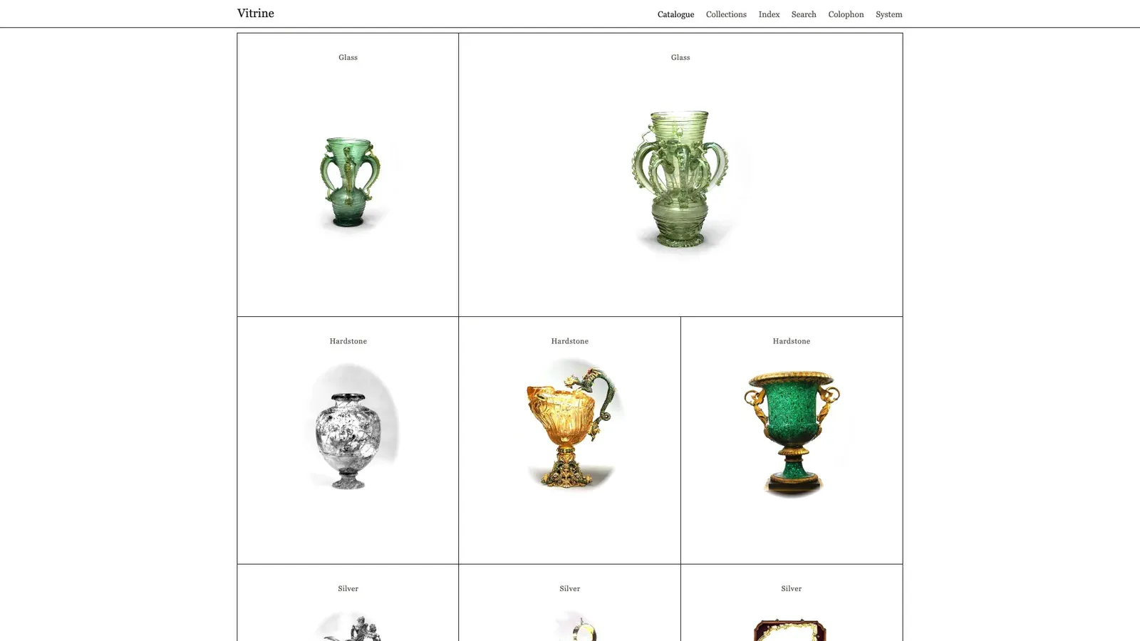 Vitrine's catalogue: glass and hardstone vessels, one per ruled plate.