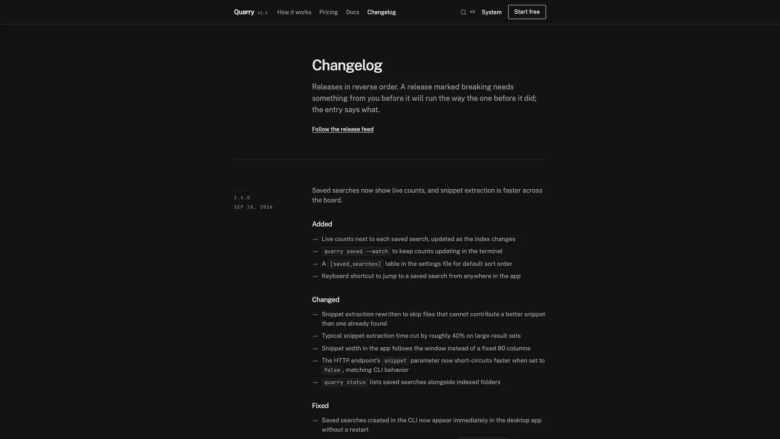 Quarry's changelog in dark mode: a release with Added, Changed and Fixed lists.