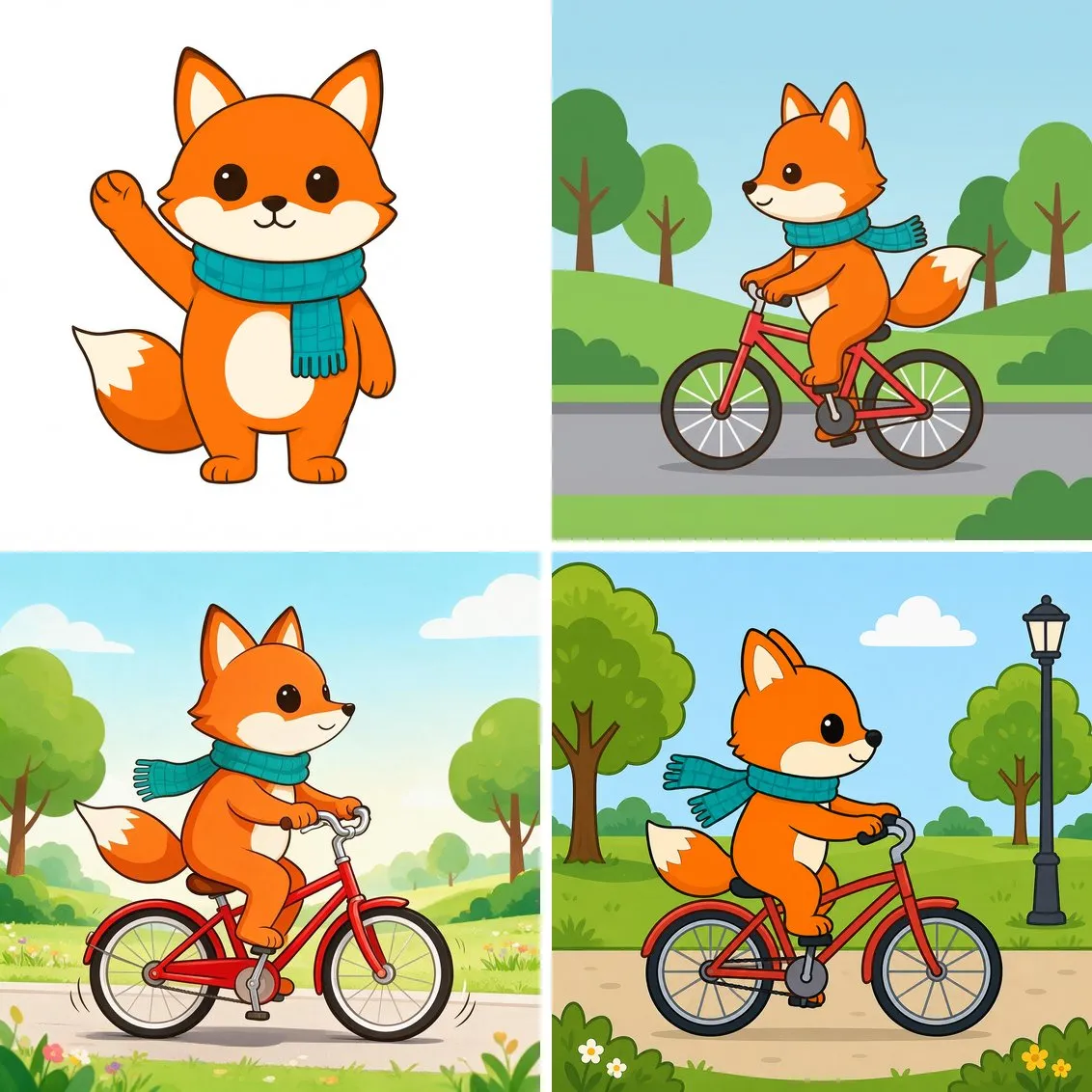 A flat vector fox mascot with a teal scarf, then the same fox riding a red bicycle as drawn by three different models.