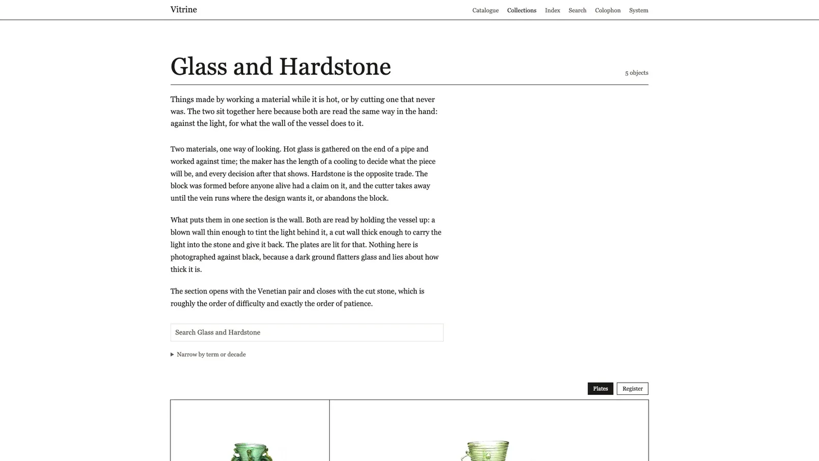 Vitrine's Glass and Hardstone collection: an essay above a search field and the plates.