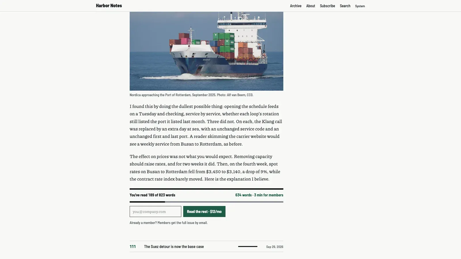 The end of the free part of a members issue: a photograph of a container ship, two paragraphs, then a heavy rule, You've read 189 of 823 words, a meter, an email field and a green Read the rest button.