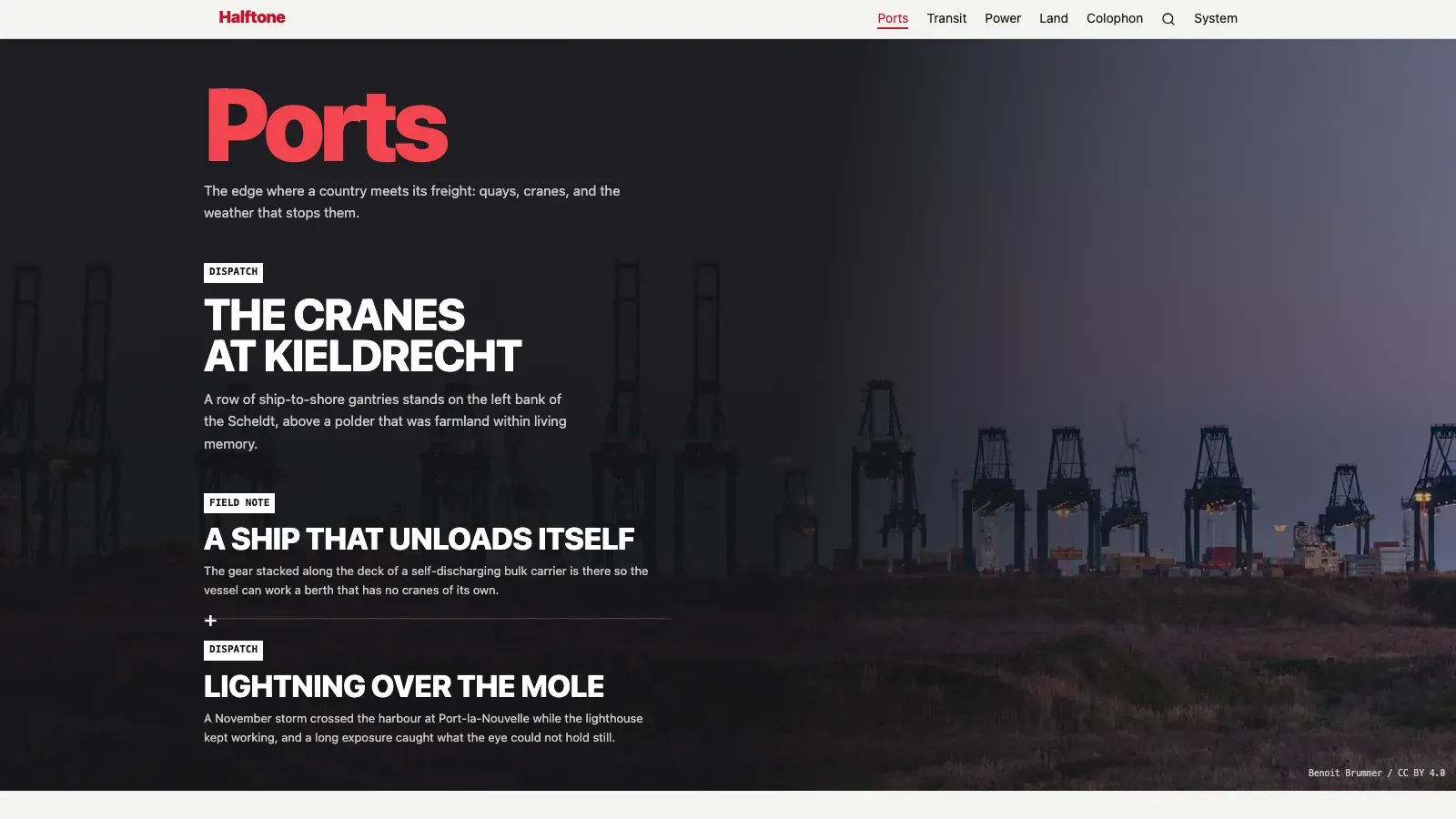 Halftone's Ports desk front: the desk name in red over a photograph of cranes, with cover lines.