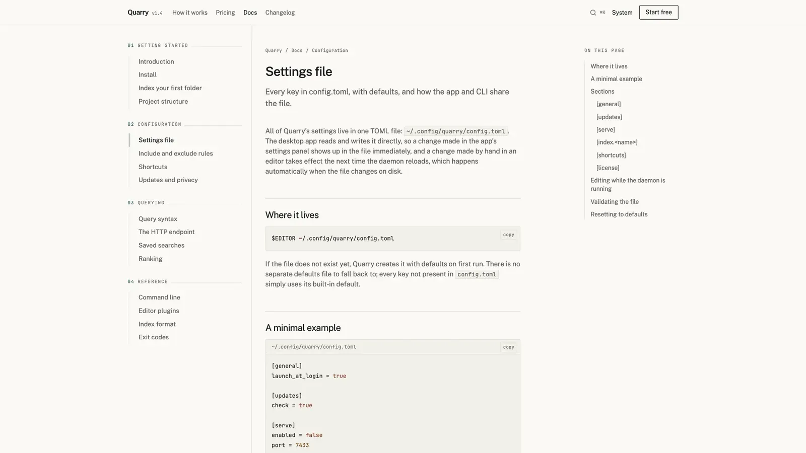 Quarry's documentation: a numbered sidebar, the Settings file page with code samples, and an on-this-page list.