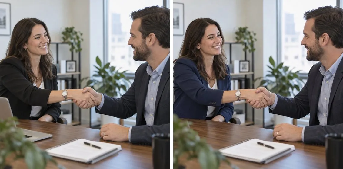 A handshake photo before and after an instruction edit: the woman's black blazer is now navy and the laptop is gone.