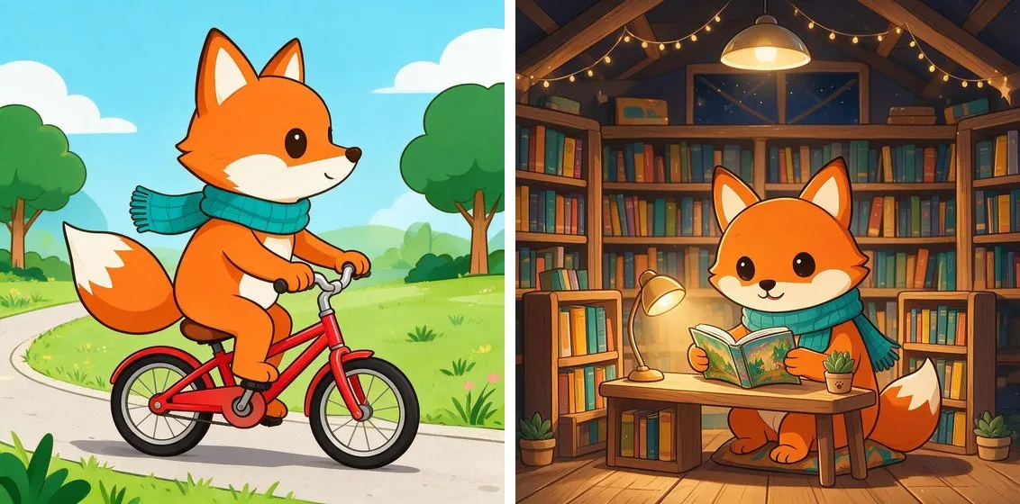 The fox mascot called as a saved element: riding a bicycle with a longer snout than the original, and reading at a desk in a library drawn in a shaded picture book style.