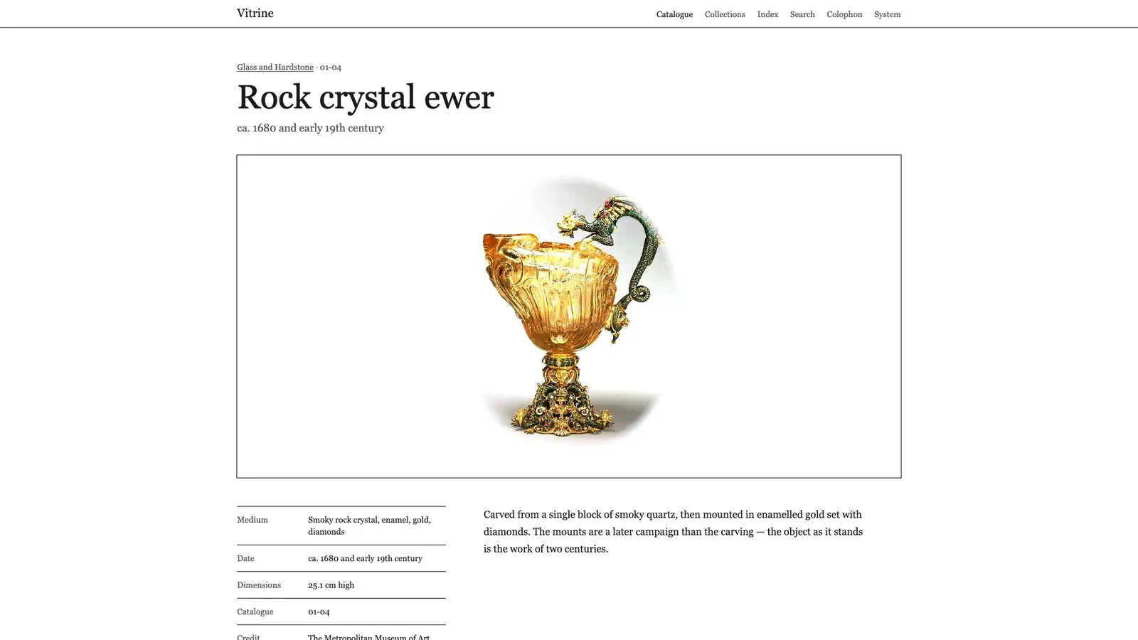 A Vitrine entry, Rock crystal ewer: the object on a ruled plate with its wall label and a note.