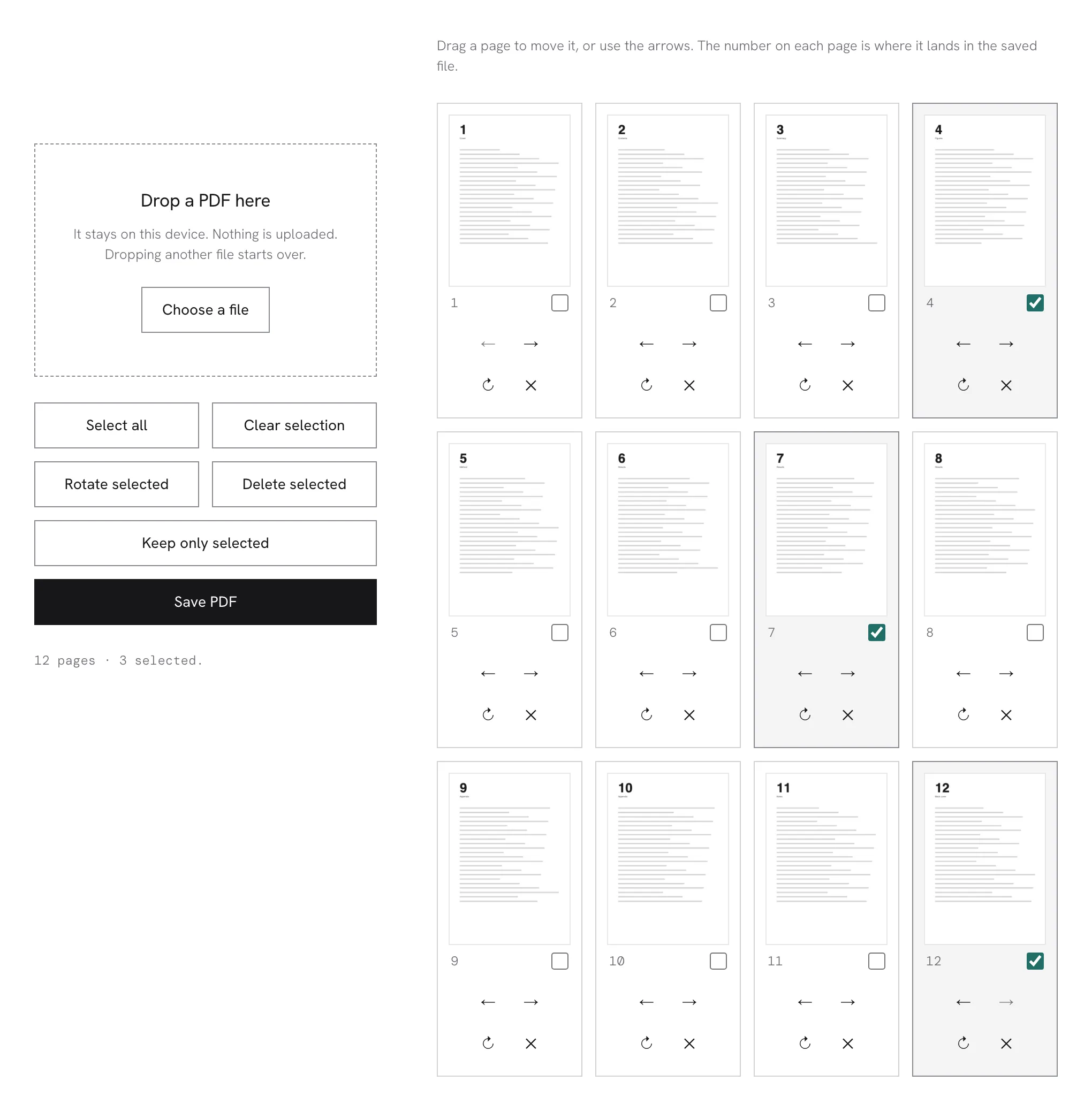 Every page of a scanned document laid out as numbered tiles, with three of them selected