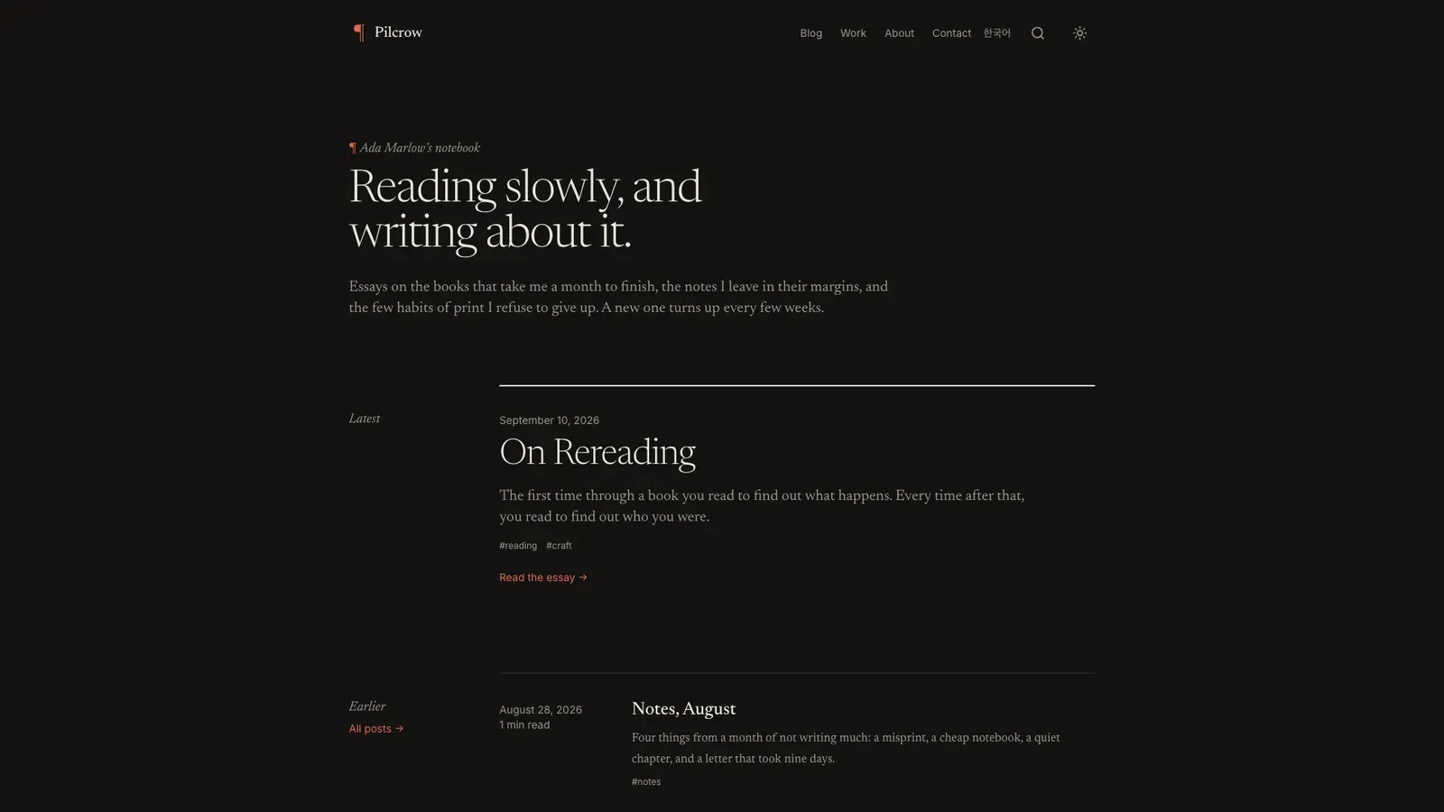 Pilcrow's home page: a notebook introduction, then the latest essay and earlier posts.