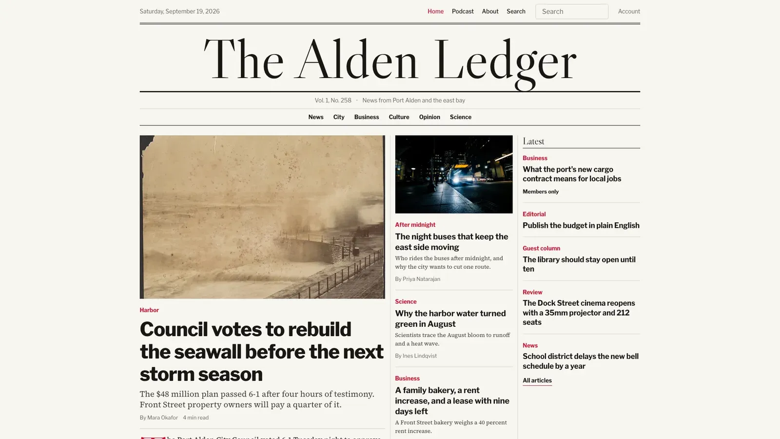 Masthead's front page: The Alden Ledger nameplate over a lead photo story and a Latest column.