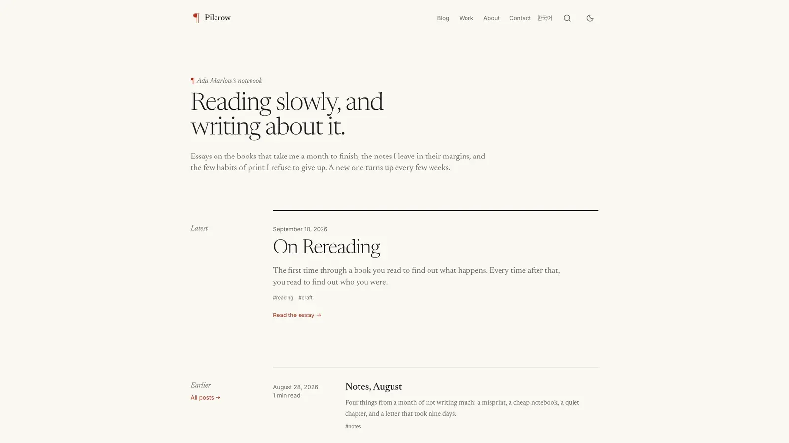 Pilcrow's home page: a notebook introduction, then the latest essay and earlier posts.