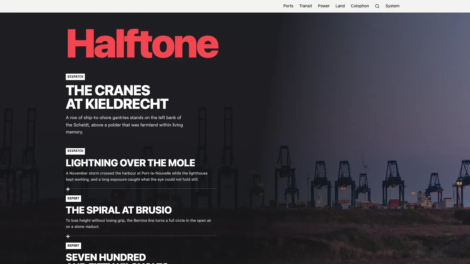 Halftone's home cover: the red wordmark over a harbour photograph, with cover lines stacked down it.