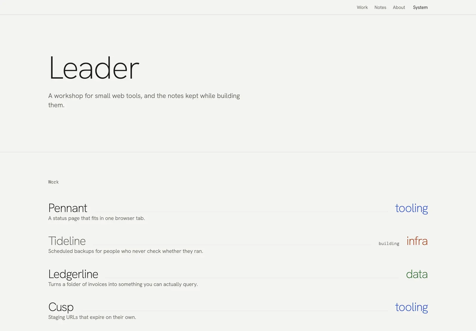 Leader's home page: the site name in light type over a shelf of product rows, each ruled out to its category.