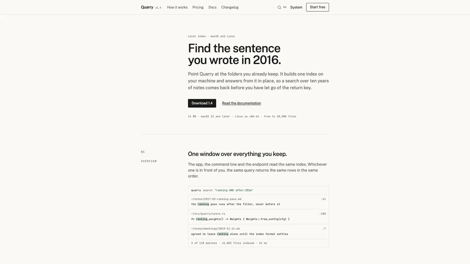 Quarry's home page: a product headline, a download button and the first numbered section.