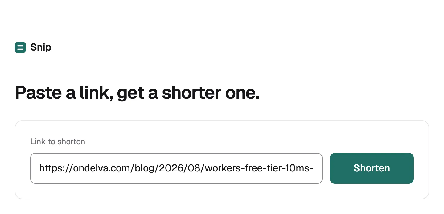 The Snip home page with a long blog URL pasted into the shorten box