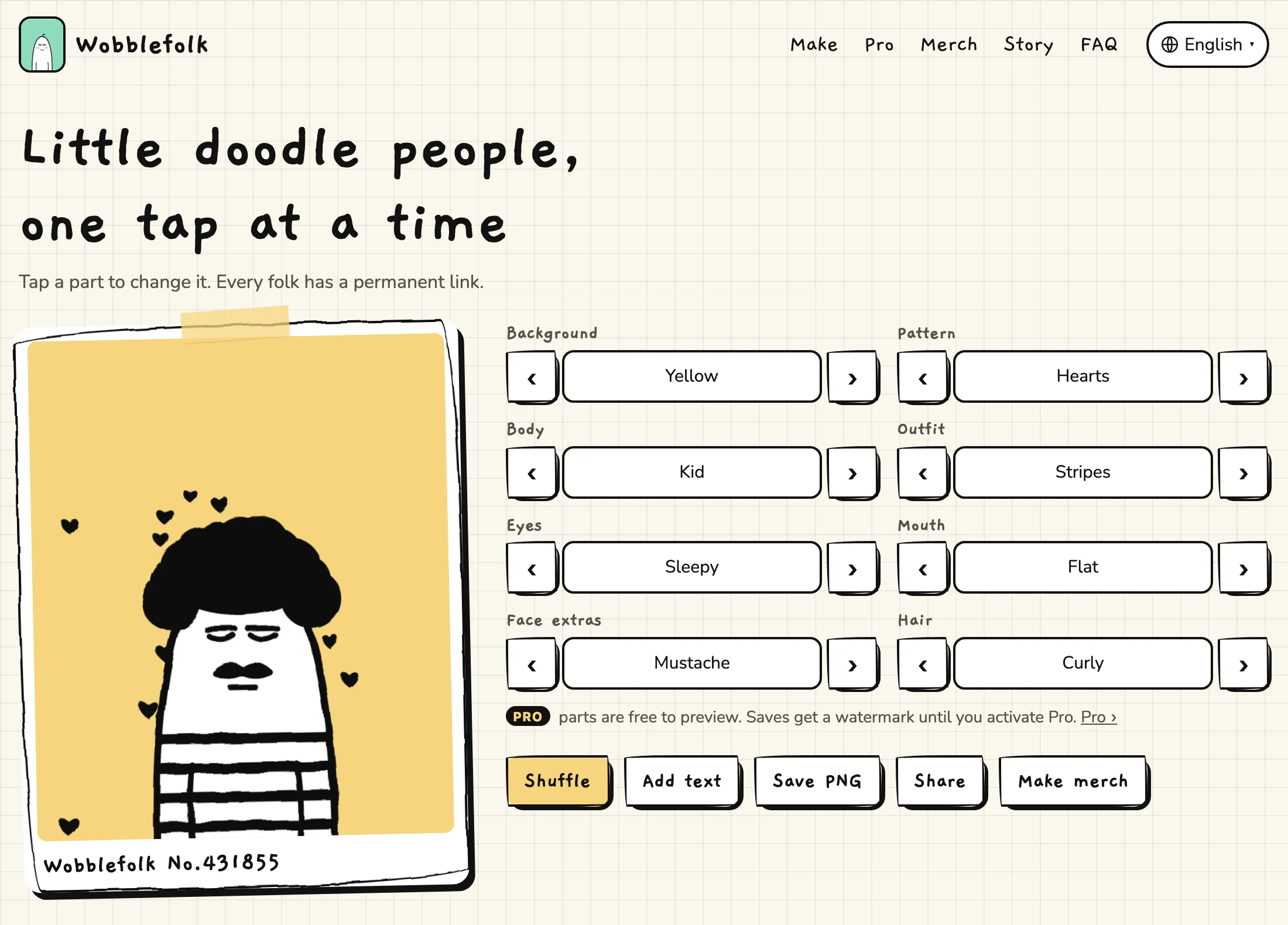 The Wobblefolk maker: a doodle character with curly hair, sleepy eyes and a striped shirt on a yellow background, next to the eight layer pickers