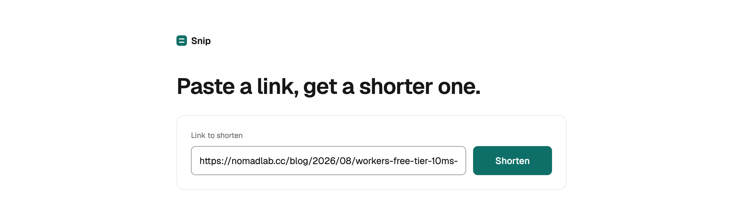 The Snip home page with a long blog URL pasted into the shorten box