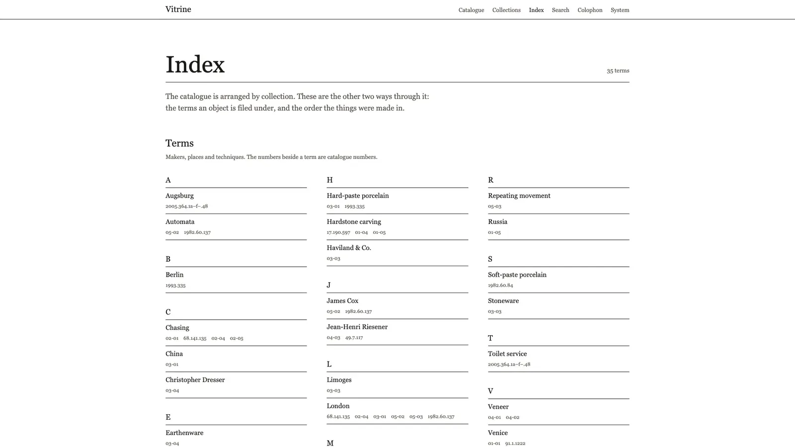 Vitrine's index of terms: makers, places and techniques from A to Z with catalogue numbers.