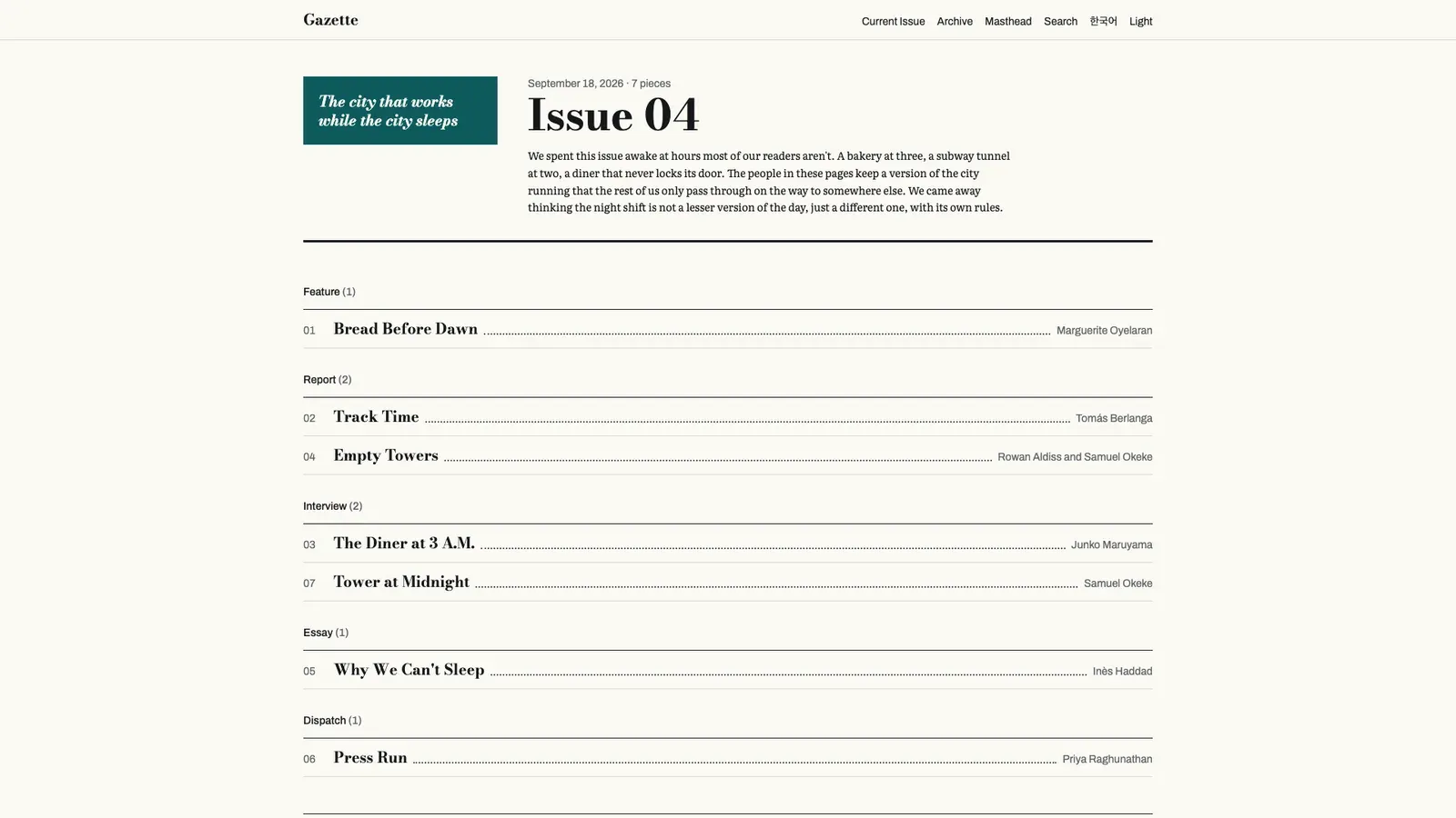 Gazette's issue page: the cover panel beside the editor's note, then the pieces grouped by department with dotted leaders.