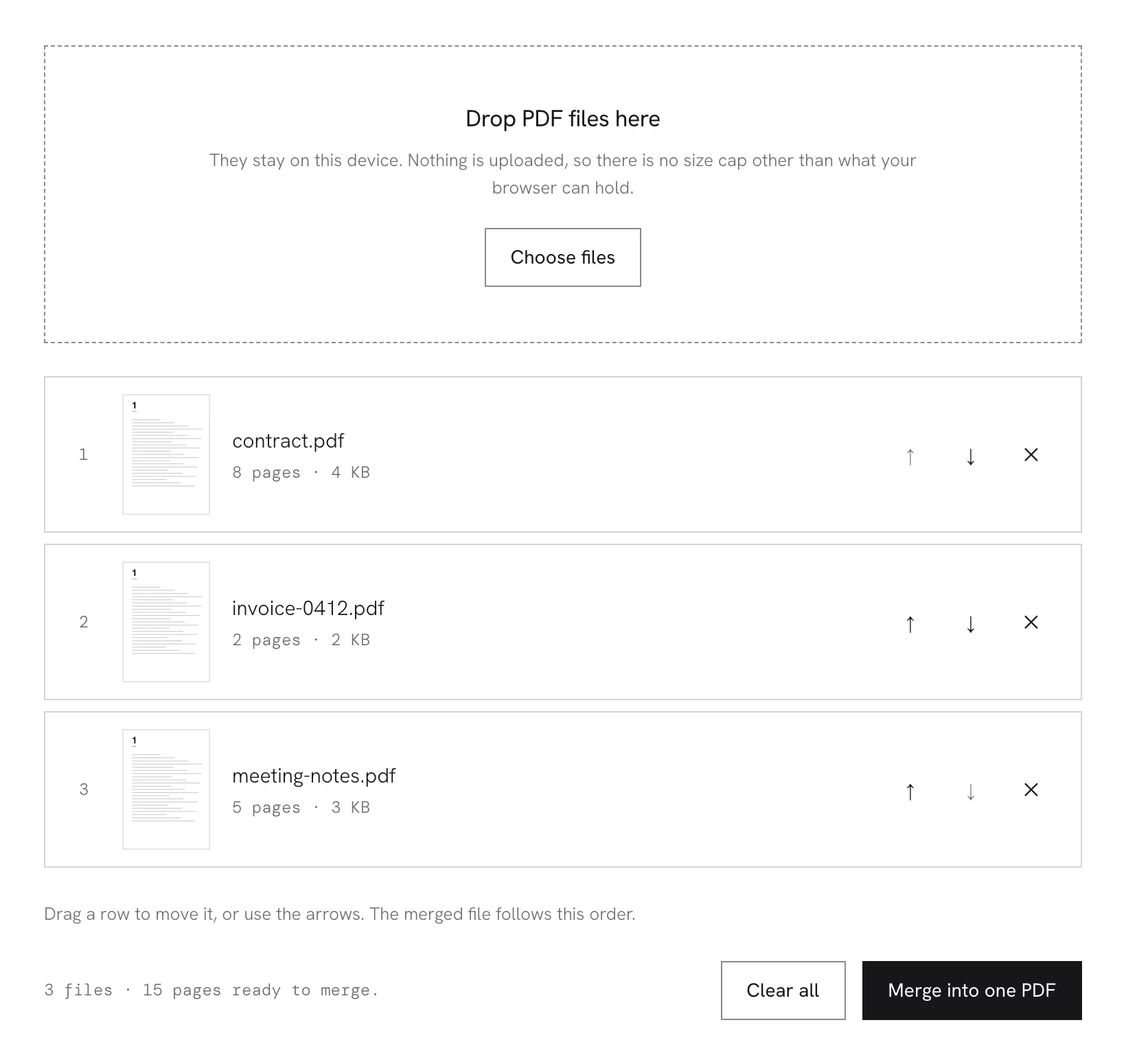 Three PDFs queued for merging, each row showing the first page, the page count and the size