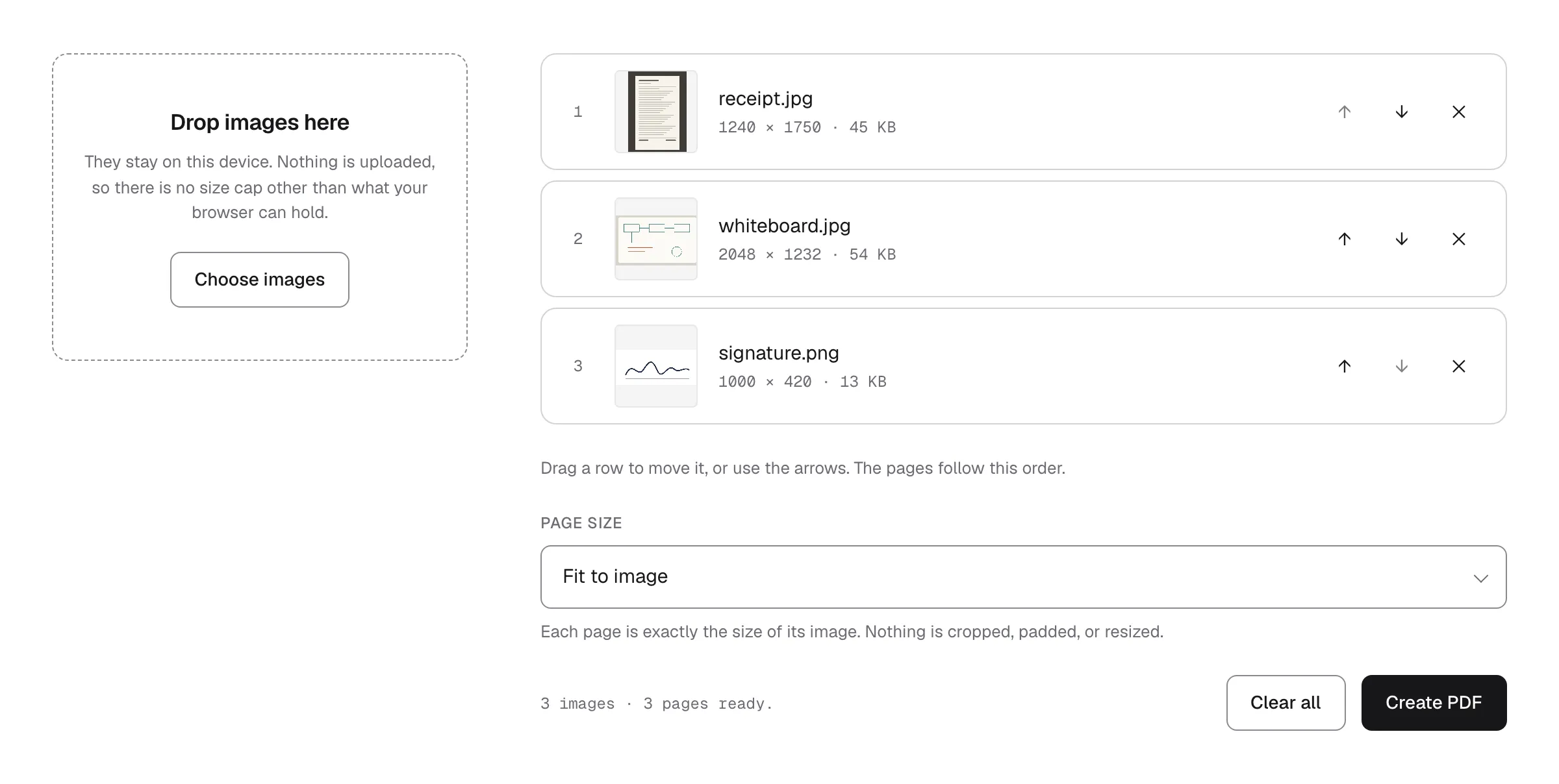 Three photos queued for conversion, each row showing a thumbnail, its pixel size and its file size