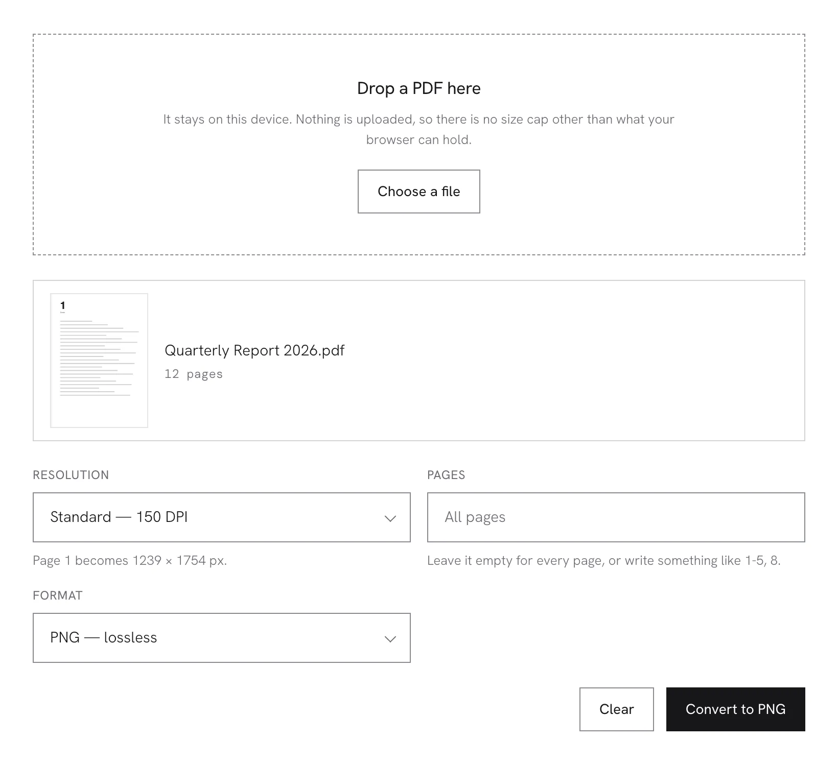 A PDF loaded in the converter, showing the first page, the page count and the resolution picker