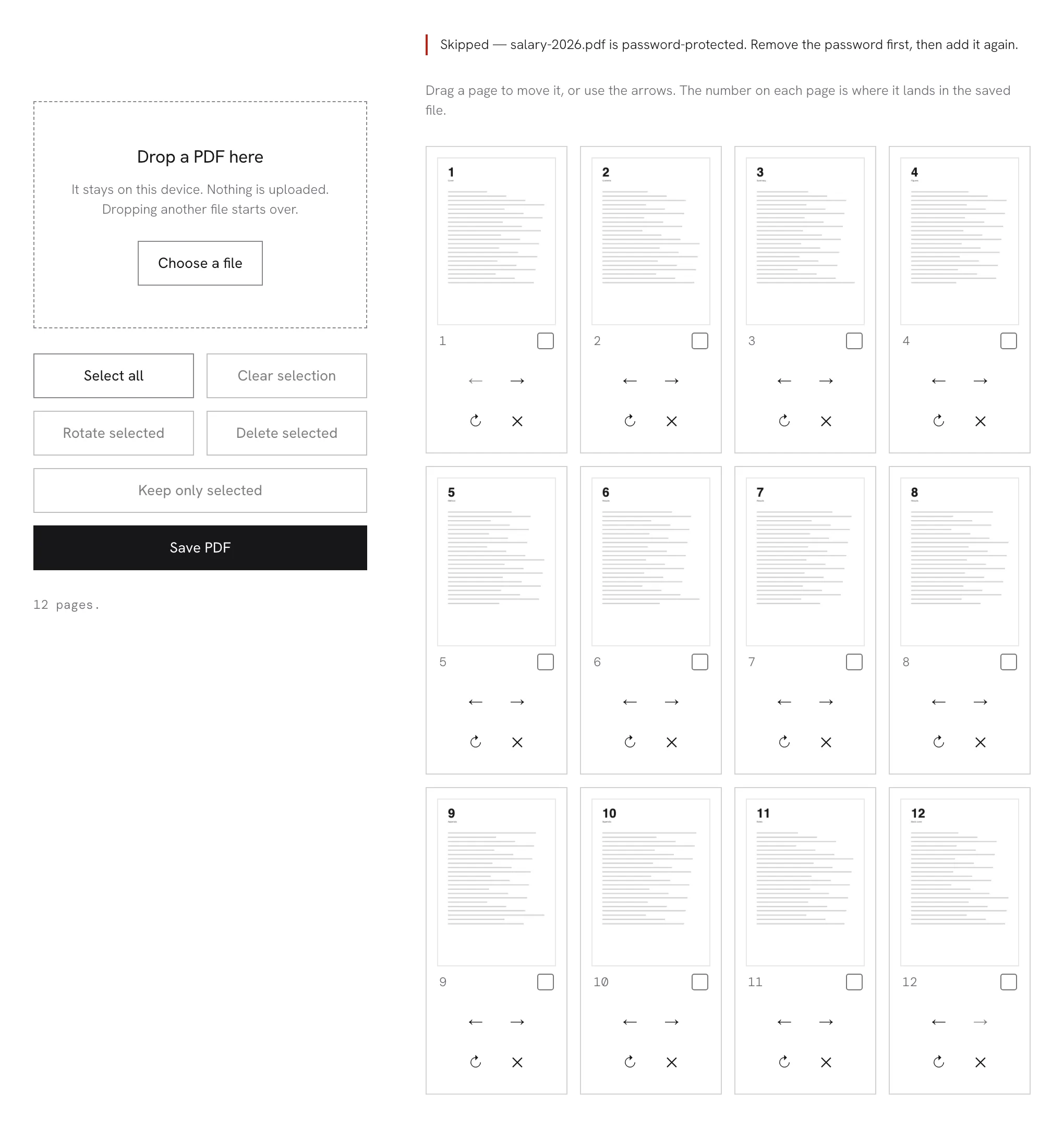 A locked file turned away by name, with the pages already laid out left untouched