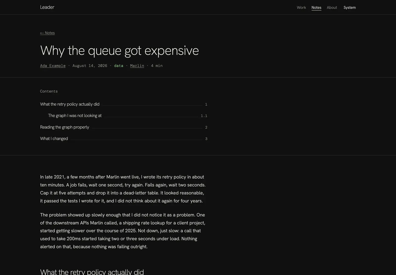 A Leader note, Why the queue got expensive: the byline line, a contents list with dotted leaders, and the opening paragraphs.