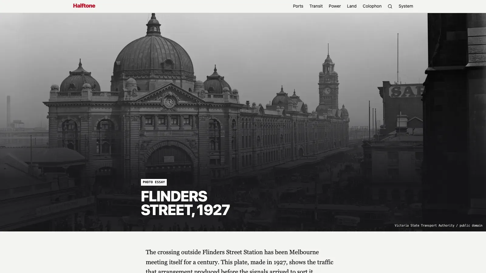 A Halftone photo essay: a black-and-white photograph of Flinders Street, 1927, across the page.