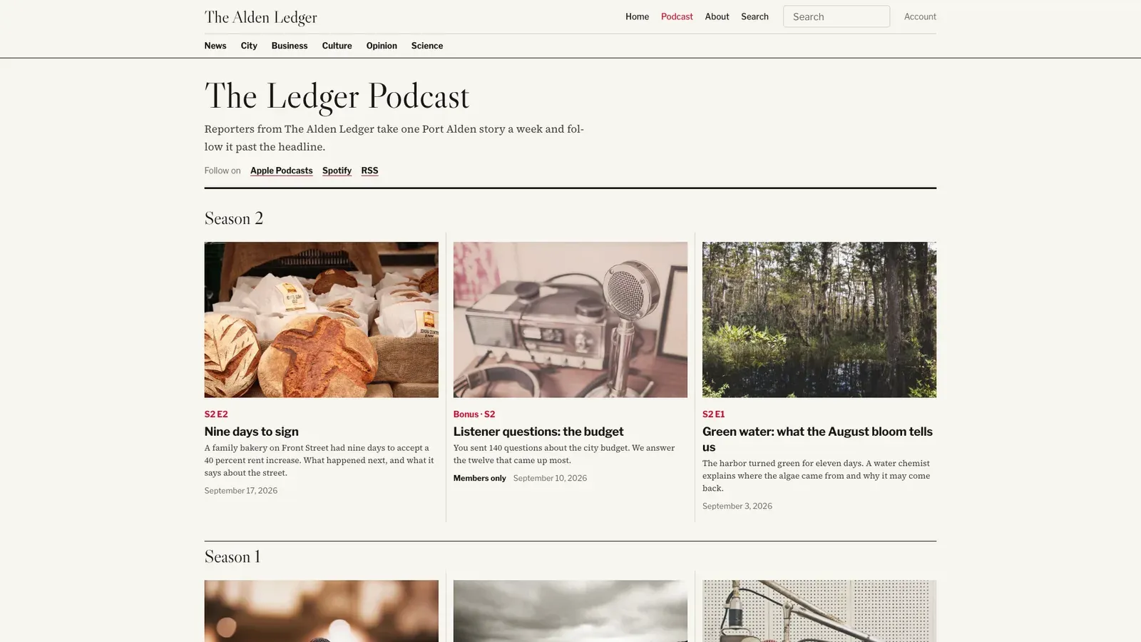 Masthead's podcast page: The Ledger Podcast with episodes of season 2 as photo cards.