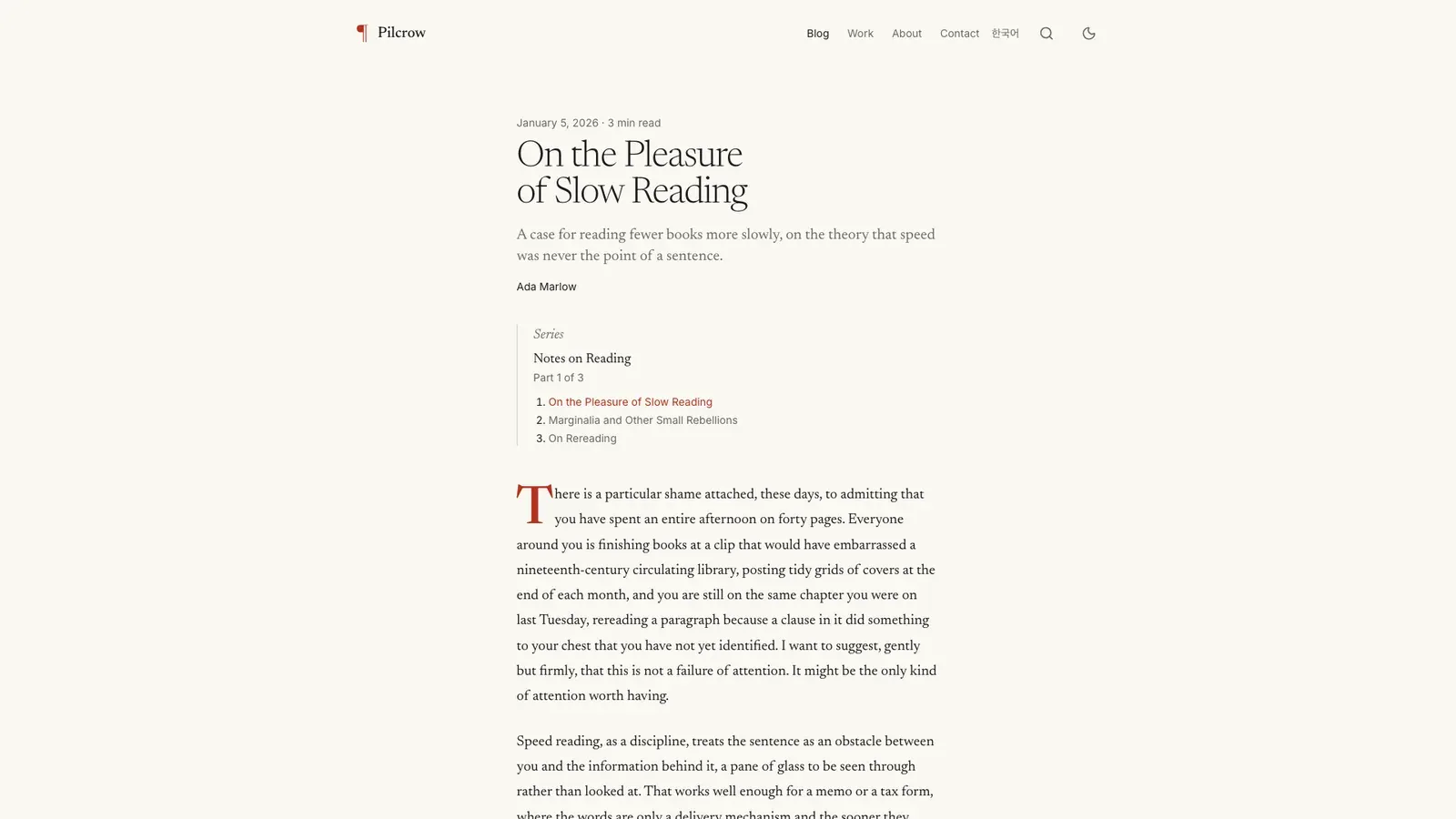 A Pilcrow post, On Rereading: a serif essay with a series box and a red drop cap.