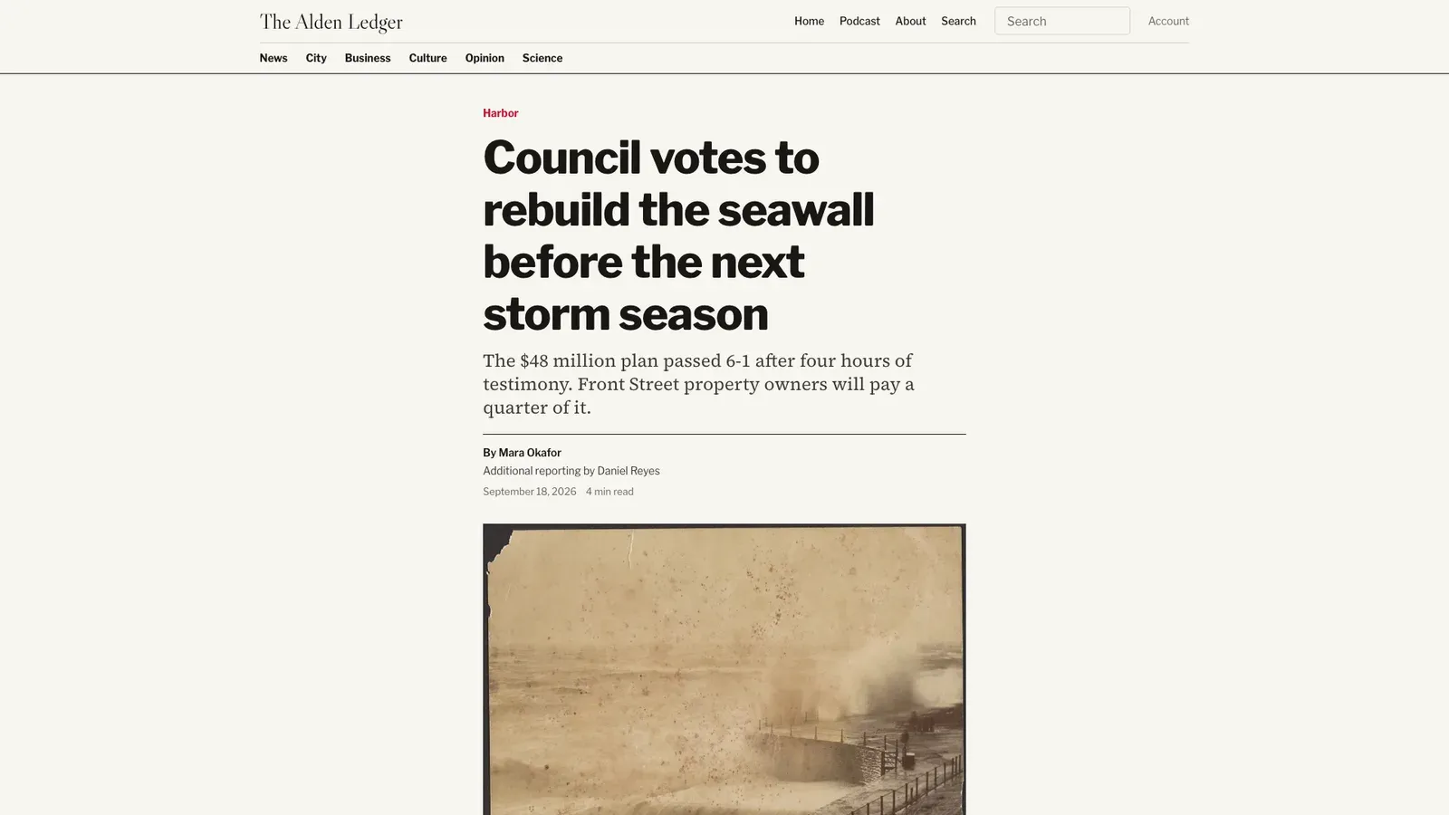 A Masthead article: a large headline and summary above a sepia photograph of a storm on the seawall.