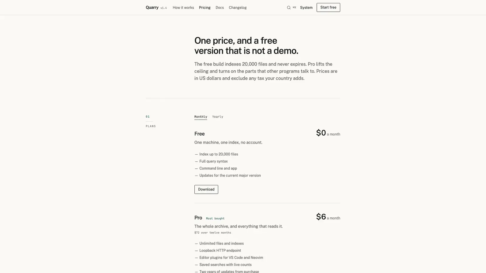 Quarry's pricing page: Free and Pro plans with monthly prices and feature lists.
