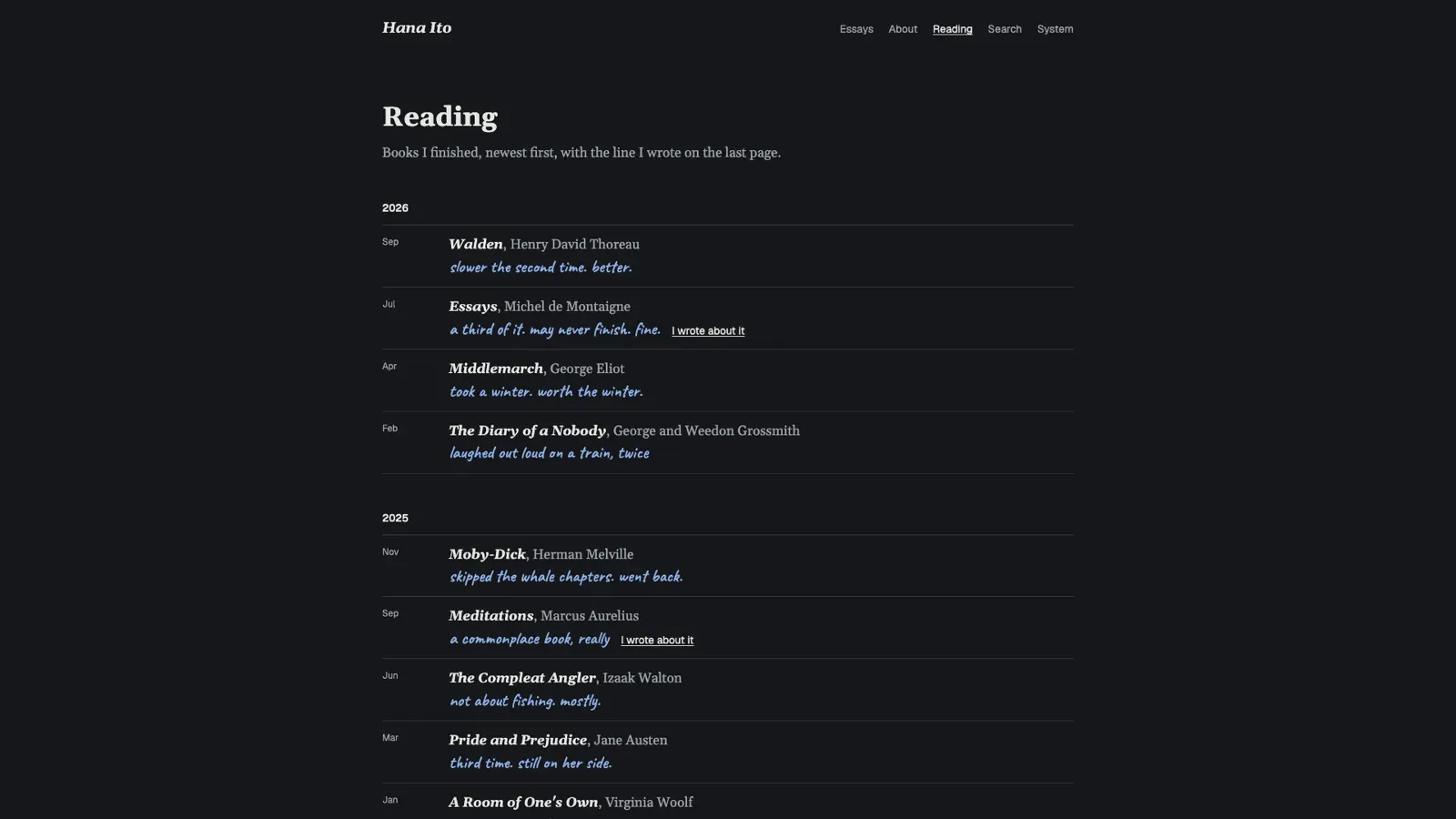 The reading log in dark mode: books grouped by year with the month, title in bold italic and author, and a handwritten line under each, two with an I wrote about it link.