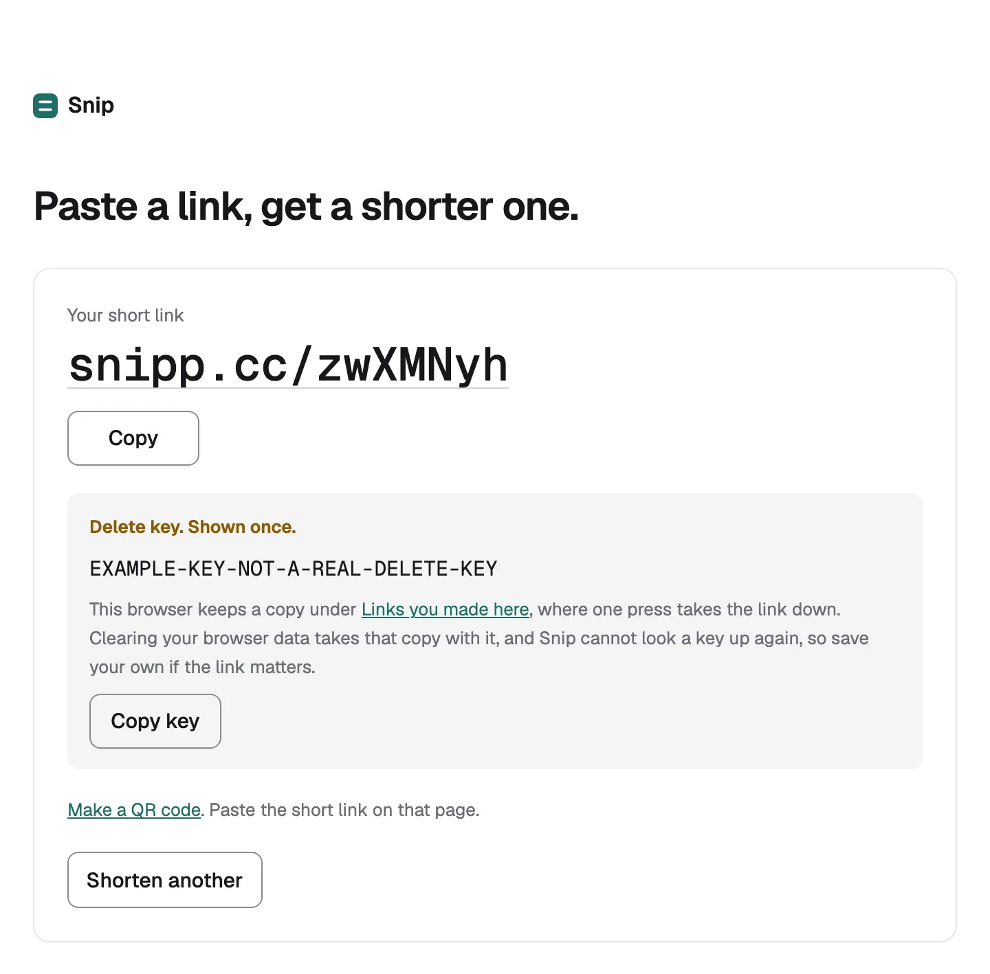 The result screen: the short link, a copy button, and the delete key shown once