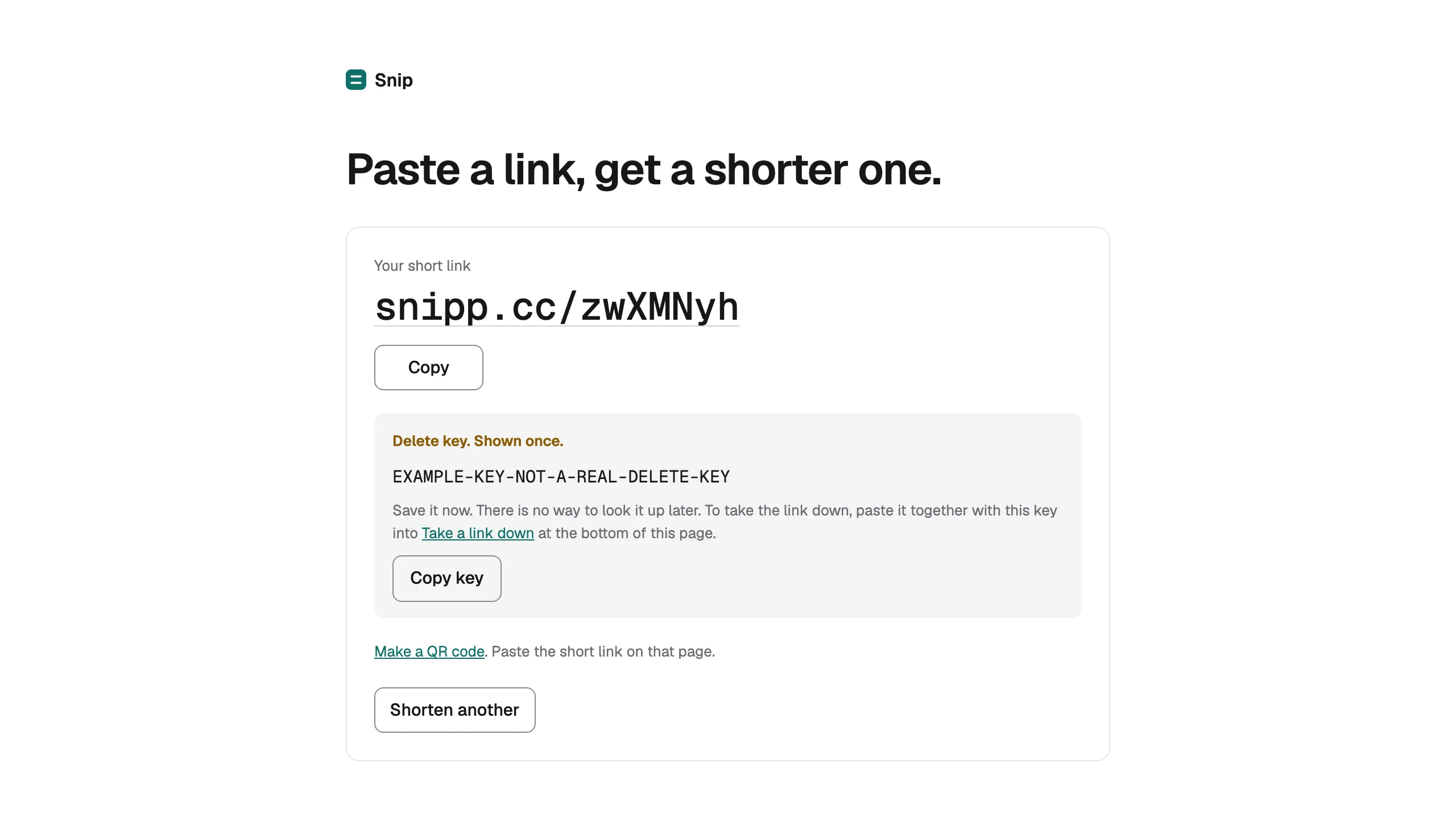 The result screen: the short link, a copy button, and the delete key shown once