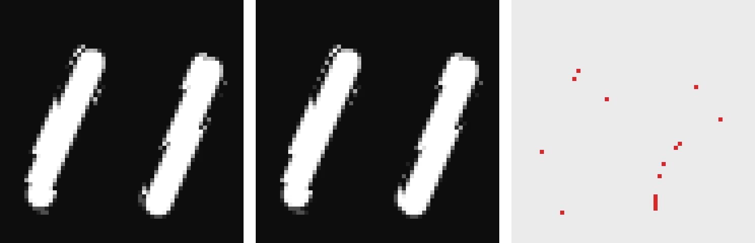 Sunglasses highlight magnified 8x. Left: resvg. Middle: raster.js. Right: differing pixels in red.
