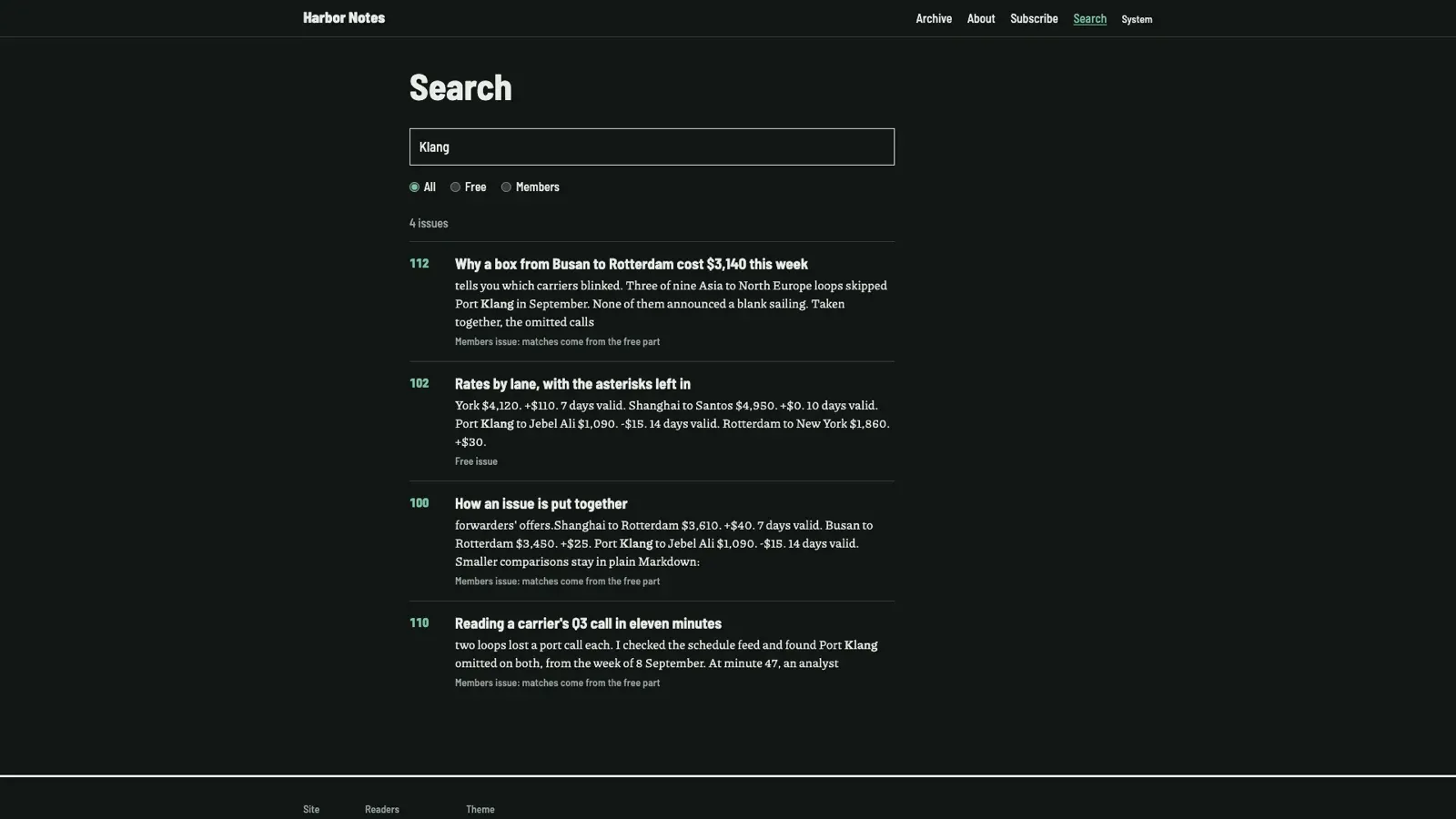The search page in dark mode: a search for Klang with All, Free and Members filters and four matching issues, each marked free or members.