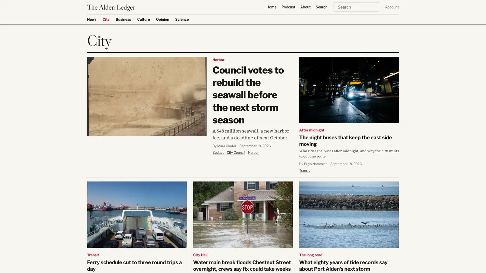 Masthead's City section: a lead story with photographs beside it and a grid of stories below.