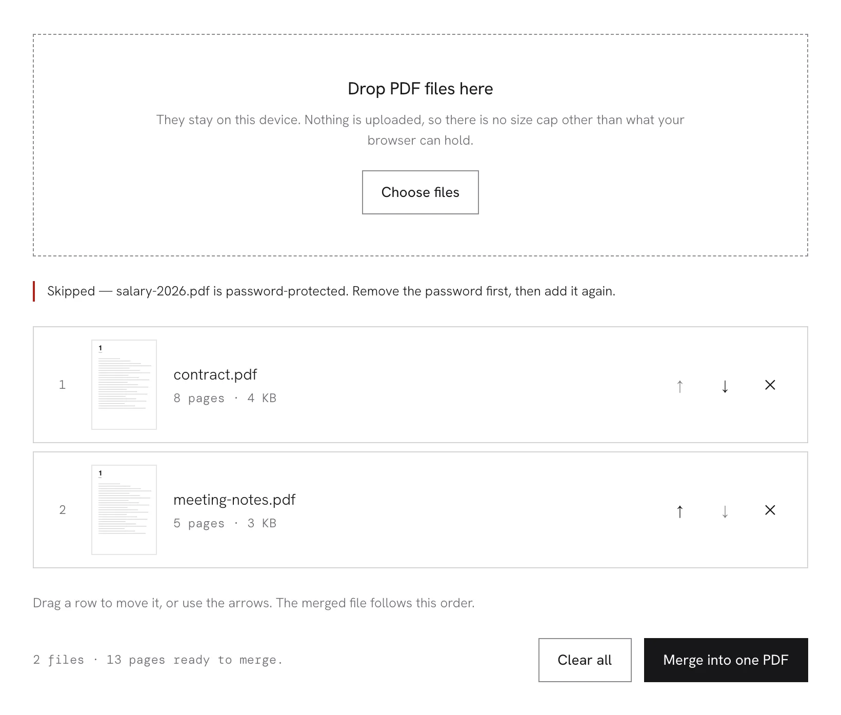 A password-protected file skipped by name while the rest of the set stays in the list