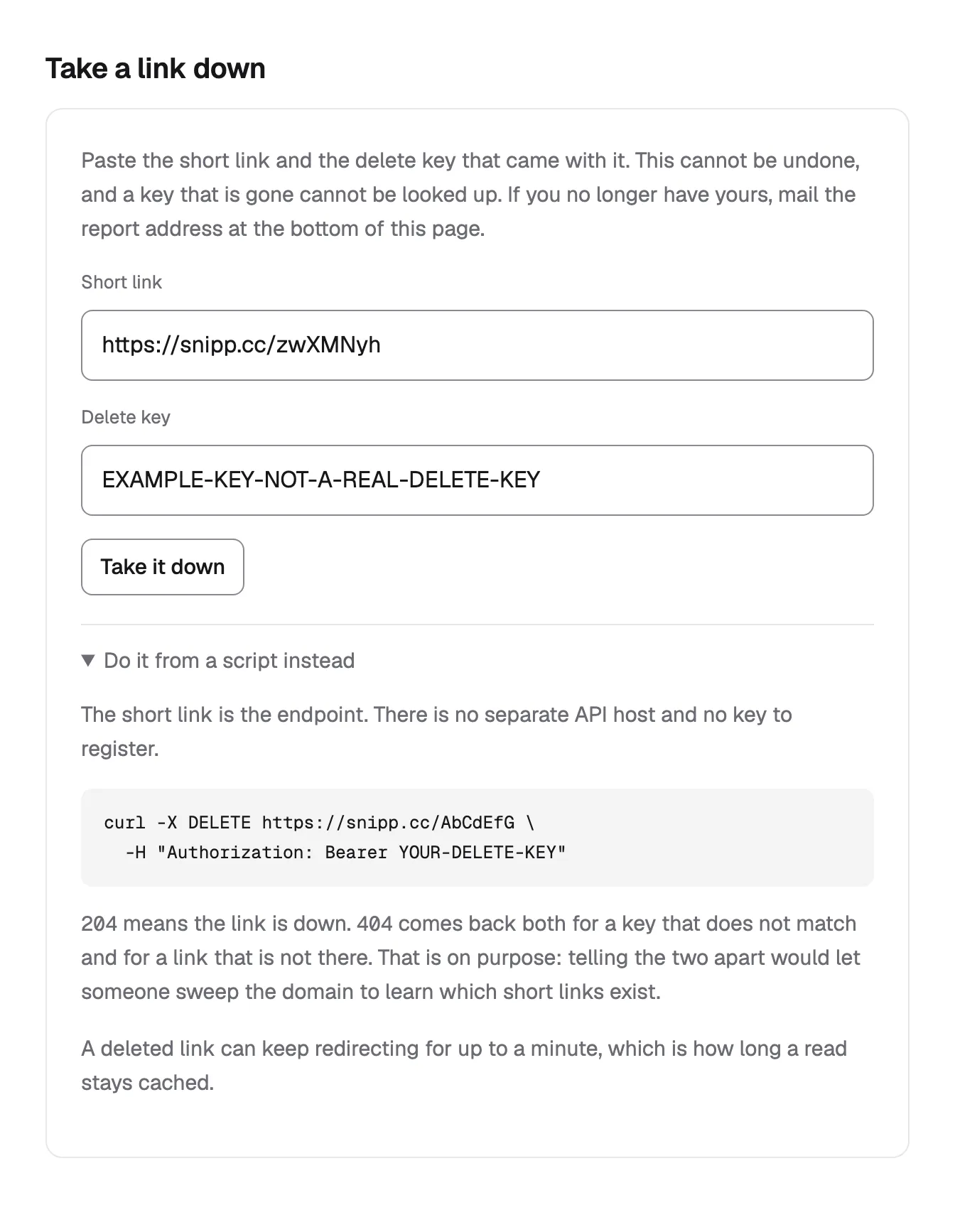 The Take a link down box: fields for the short link and the delete key, with the scripted version underneath