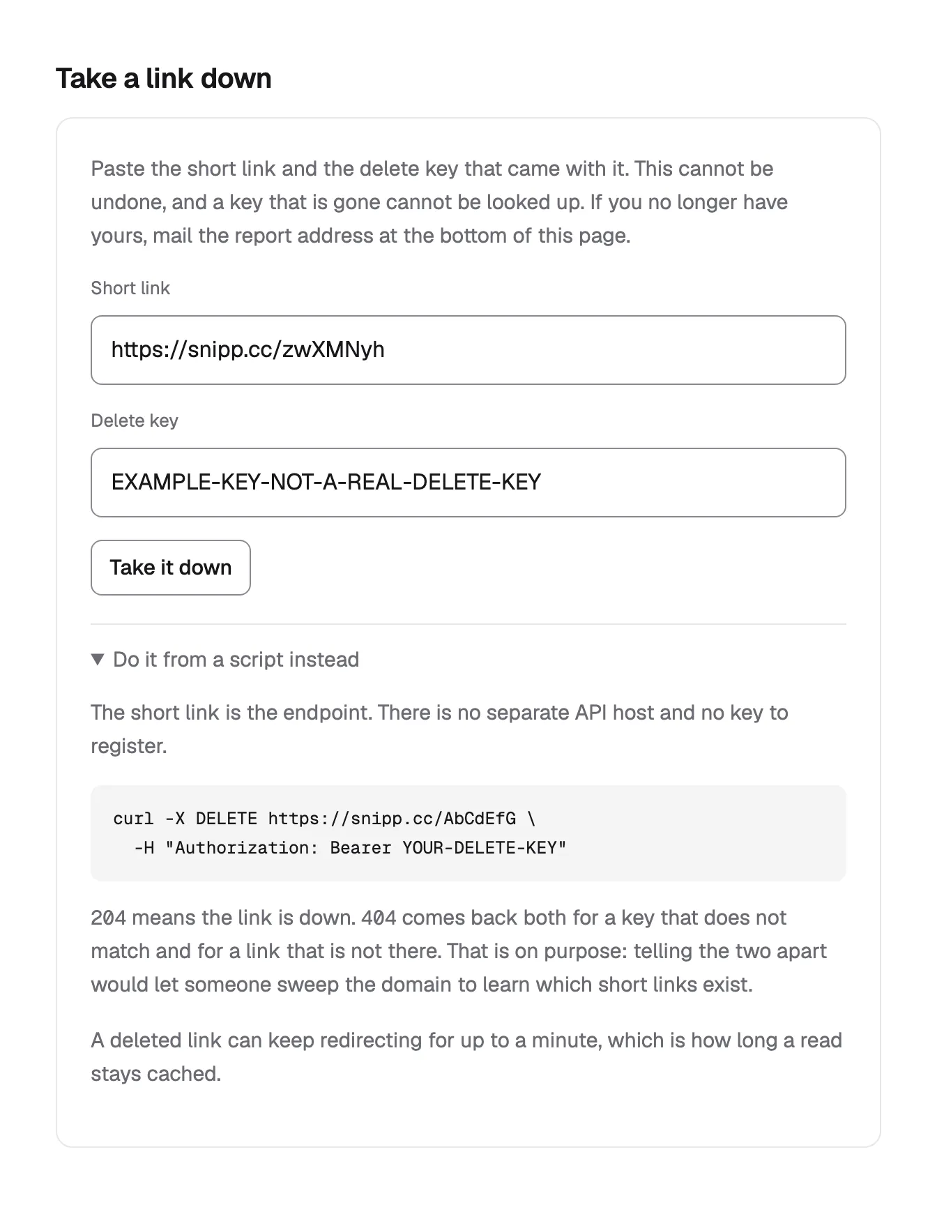 The Take a link down box: fields for the short link and the delete key, with the scripted version underneath