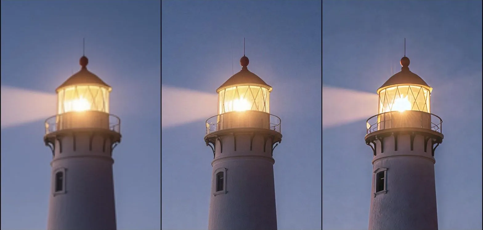 A lighthouse lantern cropped at full 4K size three ways: the 1024 source enlarged by the browser and soft, the SeedVR2 upscale sharp and faithful, and the Topaz Bloom 2 upscale with an added starburst and painted wall texture.