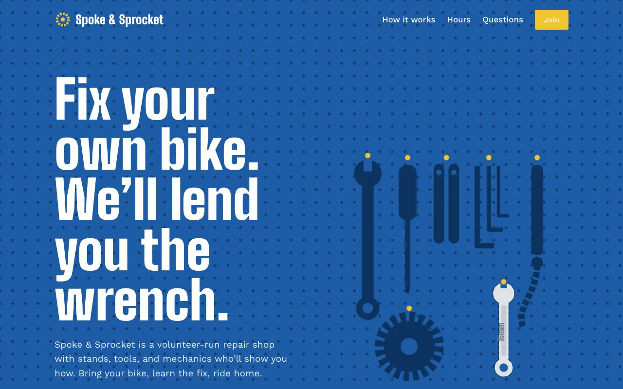 The page Claude built with frontend-design: a blue background with a pegboard dot pattern, a white condensed headline in sentence case, and a drawn tool wall on the right with painted outlines where each tool hangs.